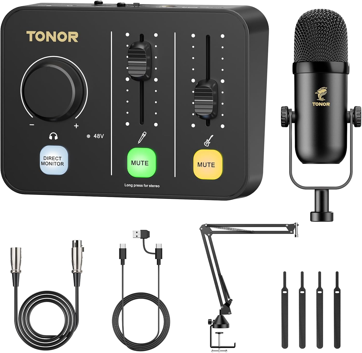 Detalle de TONOR POD 1 podcastset met XLR-microfoon, audiomixer en microfoonarm