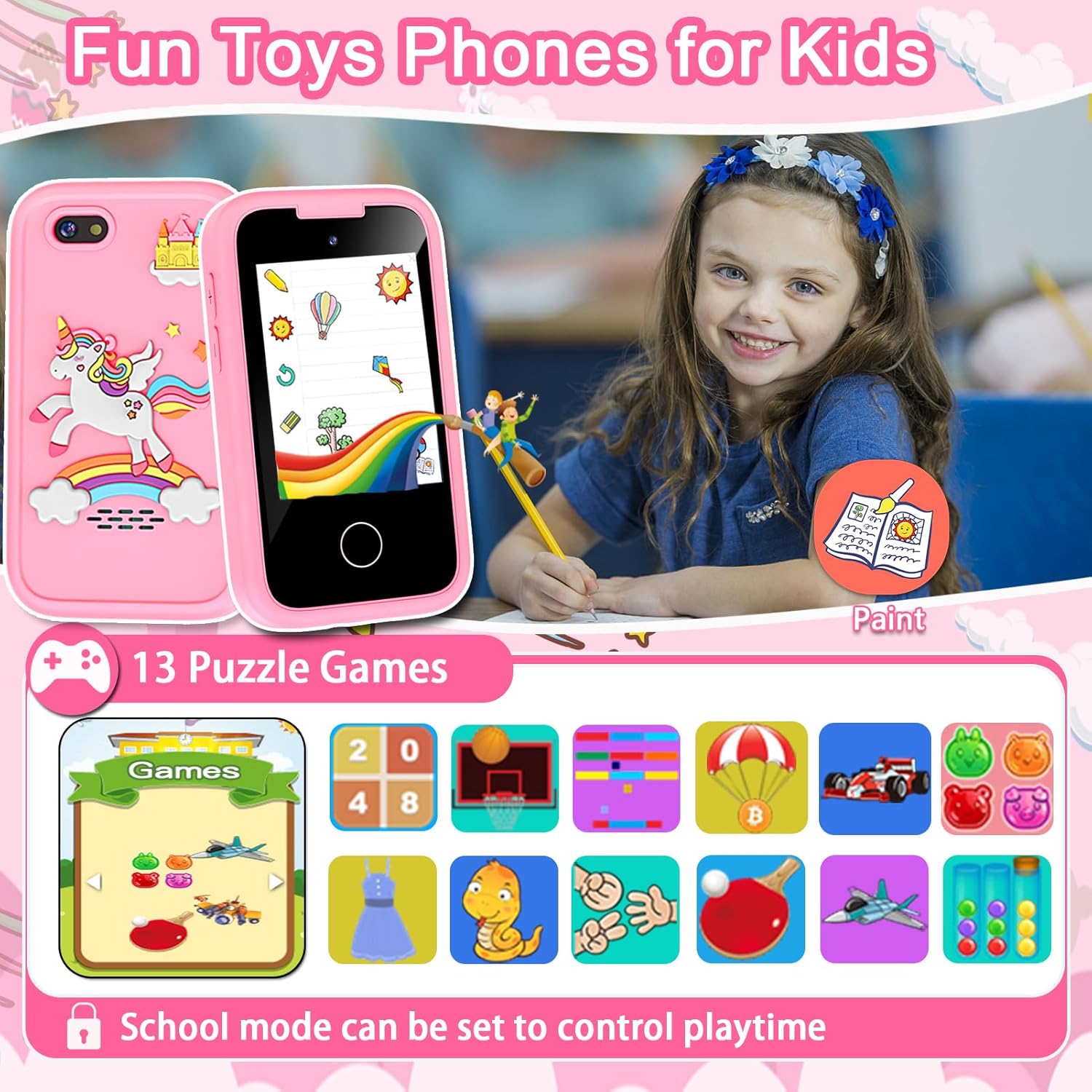 Thumbnail 4 de Kids Smart Phone Toys for Girls: 2.8" Touchscreen Learning Phone with Dual Camera & Music – 8G