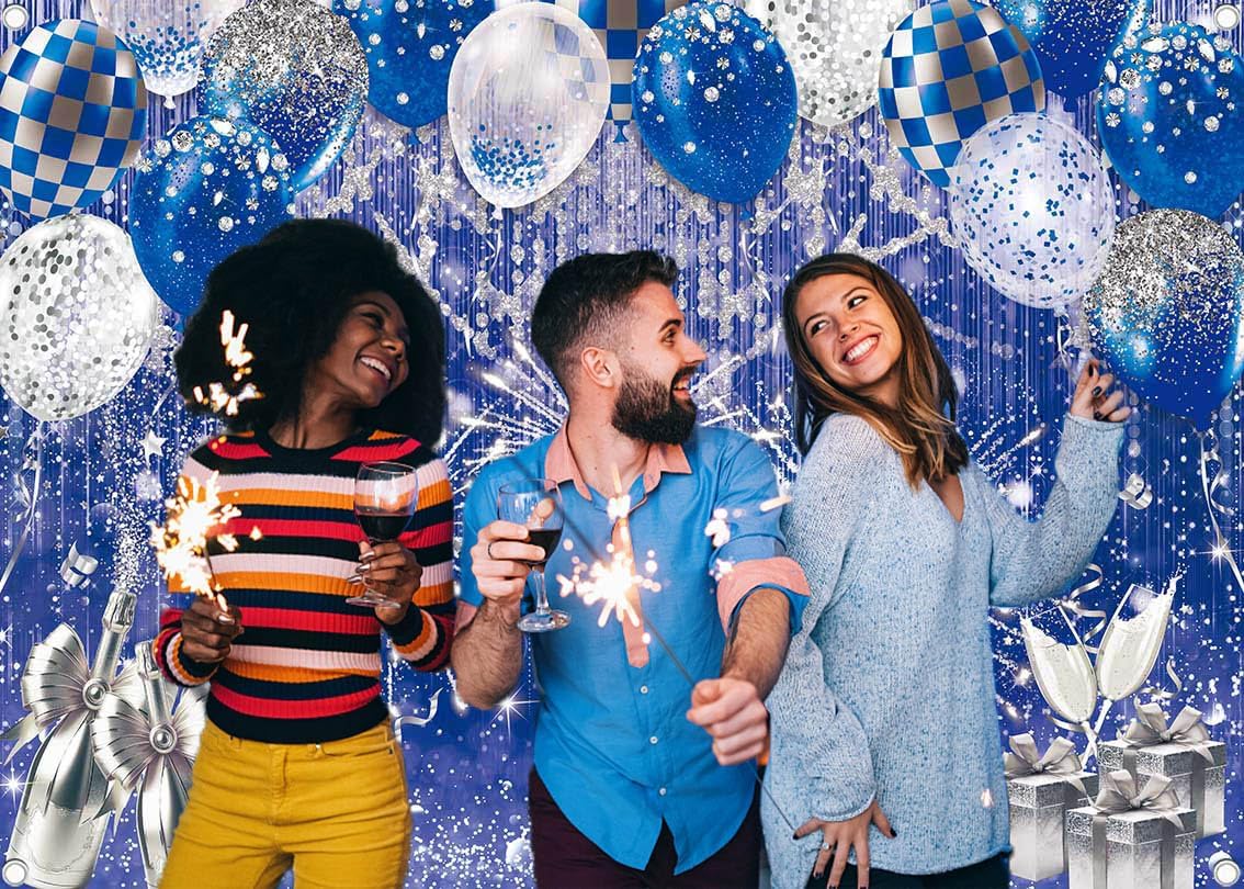 Thumbnail 4 de Blue Silver Glitter Vinyl Photography Backdrop (7x5FT) for Prom, Graduation, Wedding & Birthday Parties