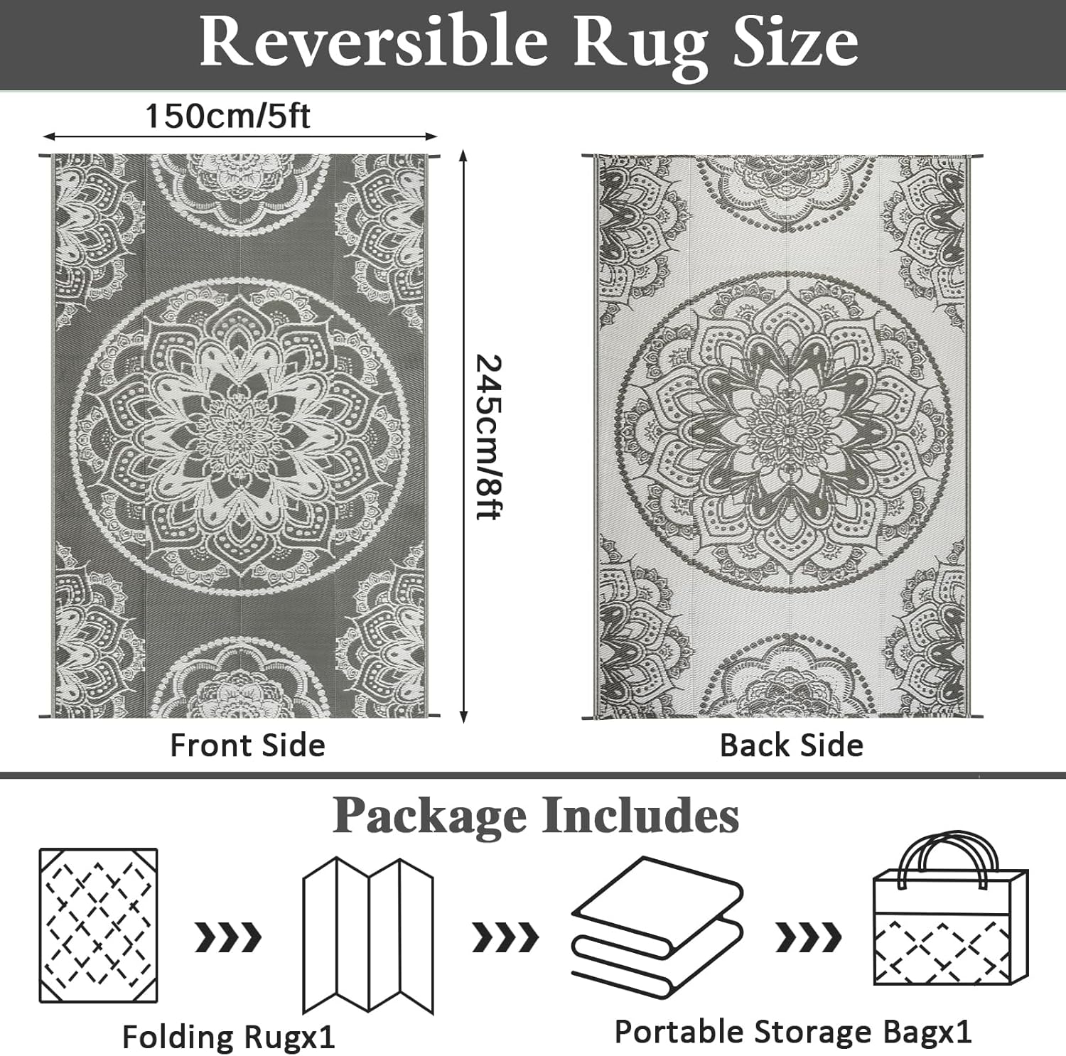 Thumbnail 1 de IMIYOKU Outdoor Rug for Patio – Reversible Waterproof Plastic Straw Rug, 150x245cm