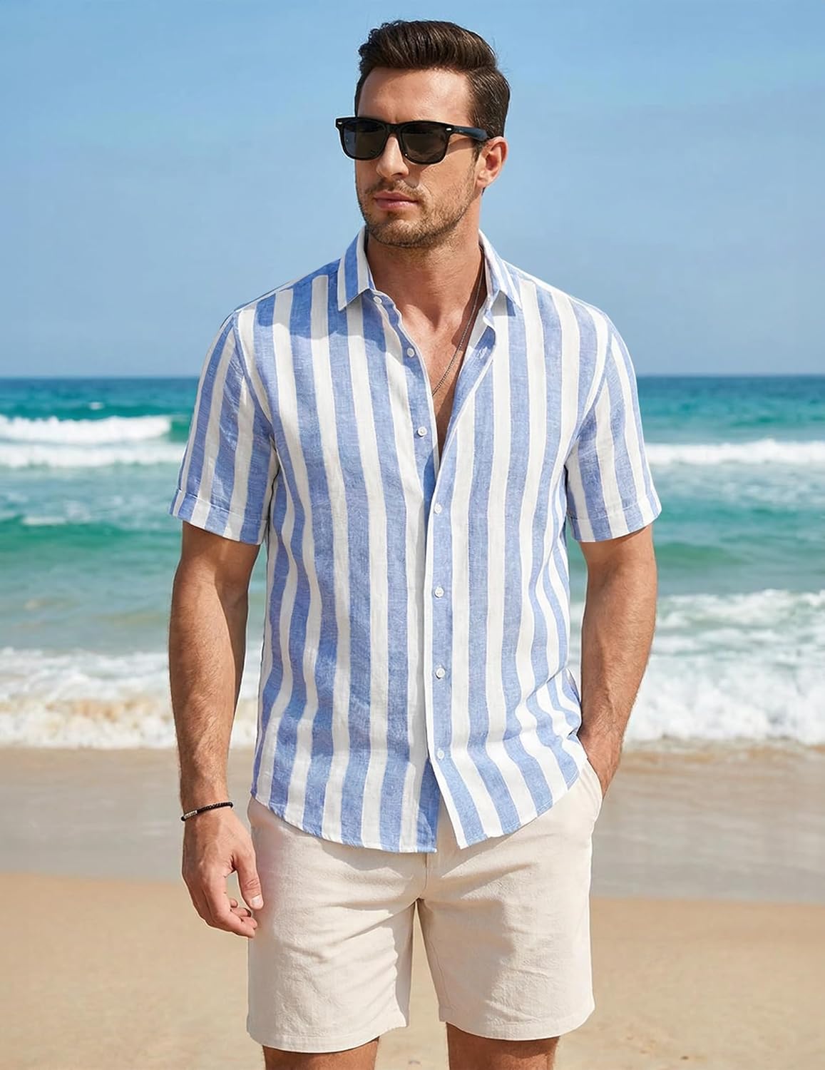 Detalle de JMIERR Men's Casual Stylish Short Sleeve Button-Up Striped Dress Shirt