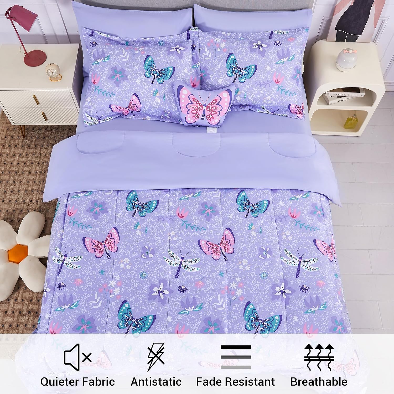 Detalle de Mooreeke Twin Kids’ Butterfly Bed-in-a-Bag Set, Brushed Microfiber, 6 Pieces