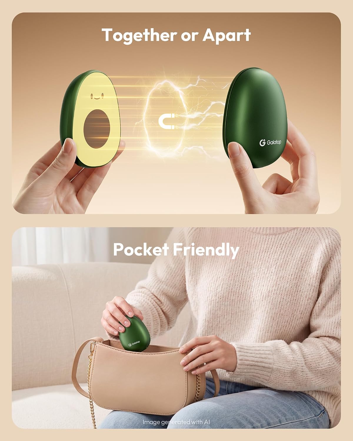 Detalle 2 de Gaiatop Rechargeable Hand Warmers, Magnetic 2-Pack, Avocado Design