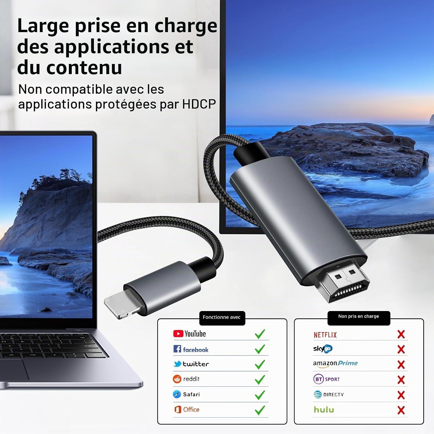 Thumbnail 5 de APKLVSR Câble HDMI Lightning vers TV – 2 m, 1080p, Plug & Play pour iPhone et iPad