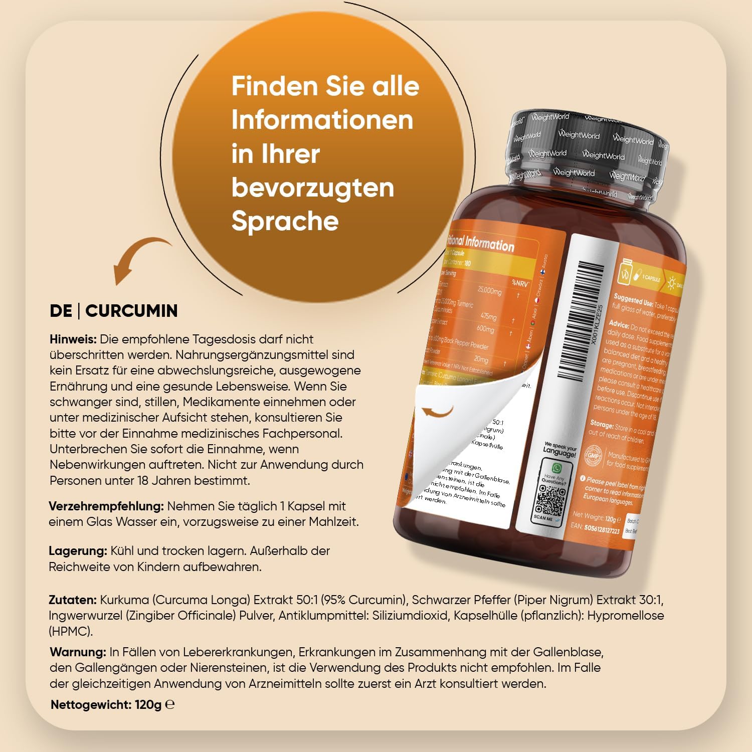 Detalle de Curcumin Kapseln 500 mg (50:1) – Kurkuma-Extrakt mit Ingwer & Schwarzem Pfeffer von WeightWorld, 180 Kapseln
