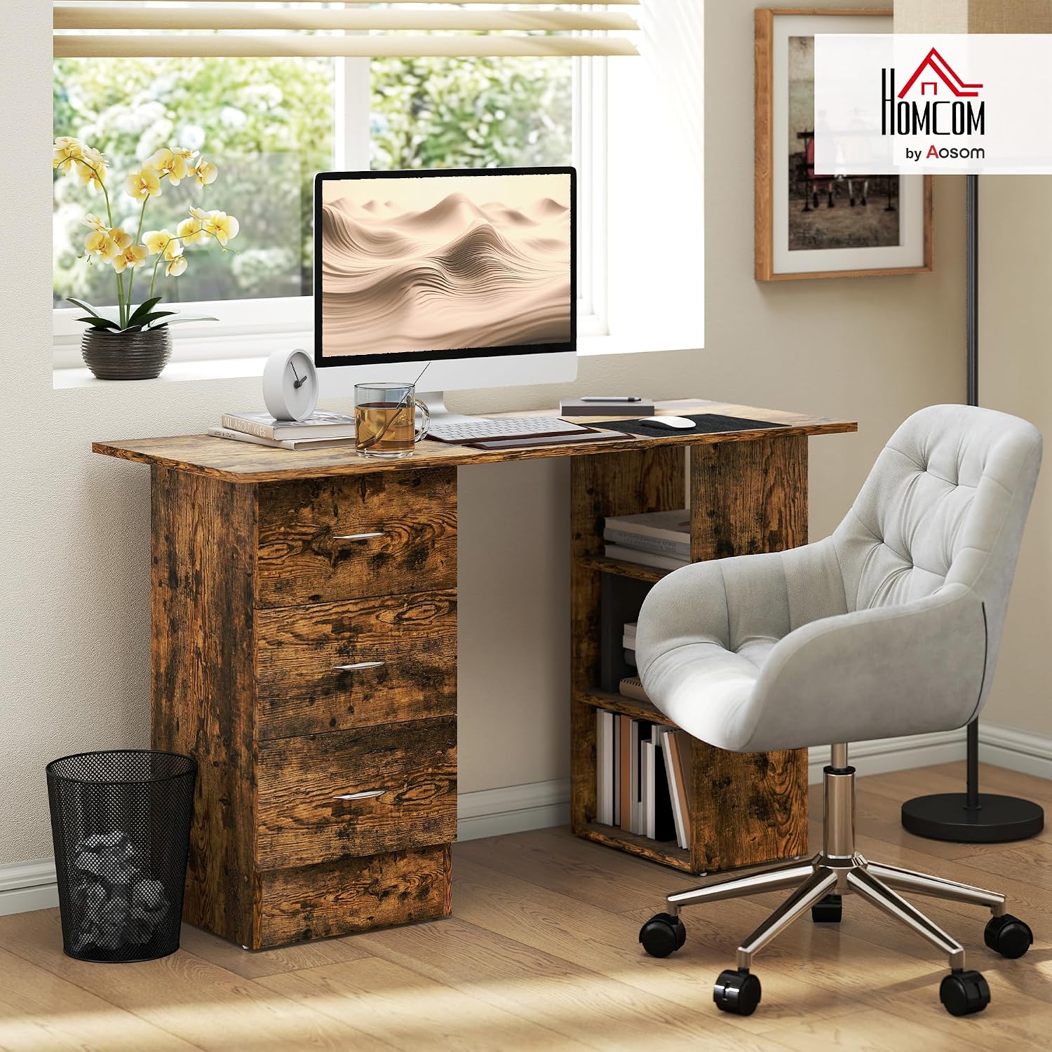 Thumbnail 1 de HOMCOM Computer Desk with Drawers (120 x 49 x 72 cm) in Rustic Brown
