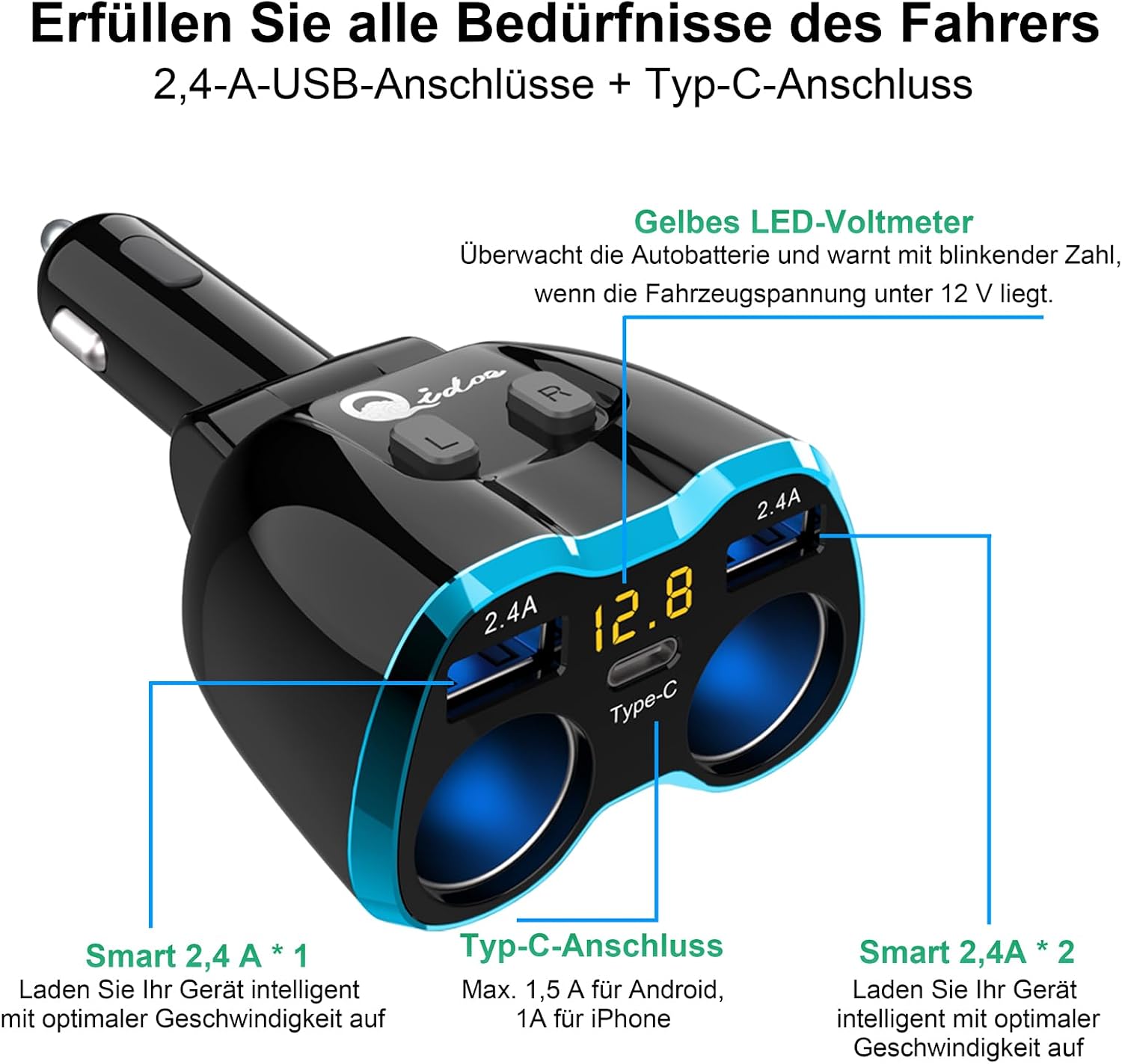 Detalle 2 de 5-in-1 Auto Ladegerät Zigarettenanzünder 80W