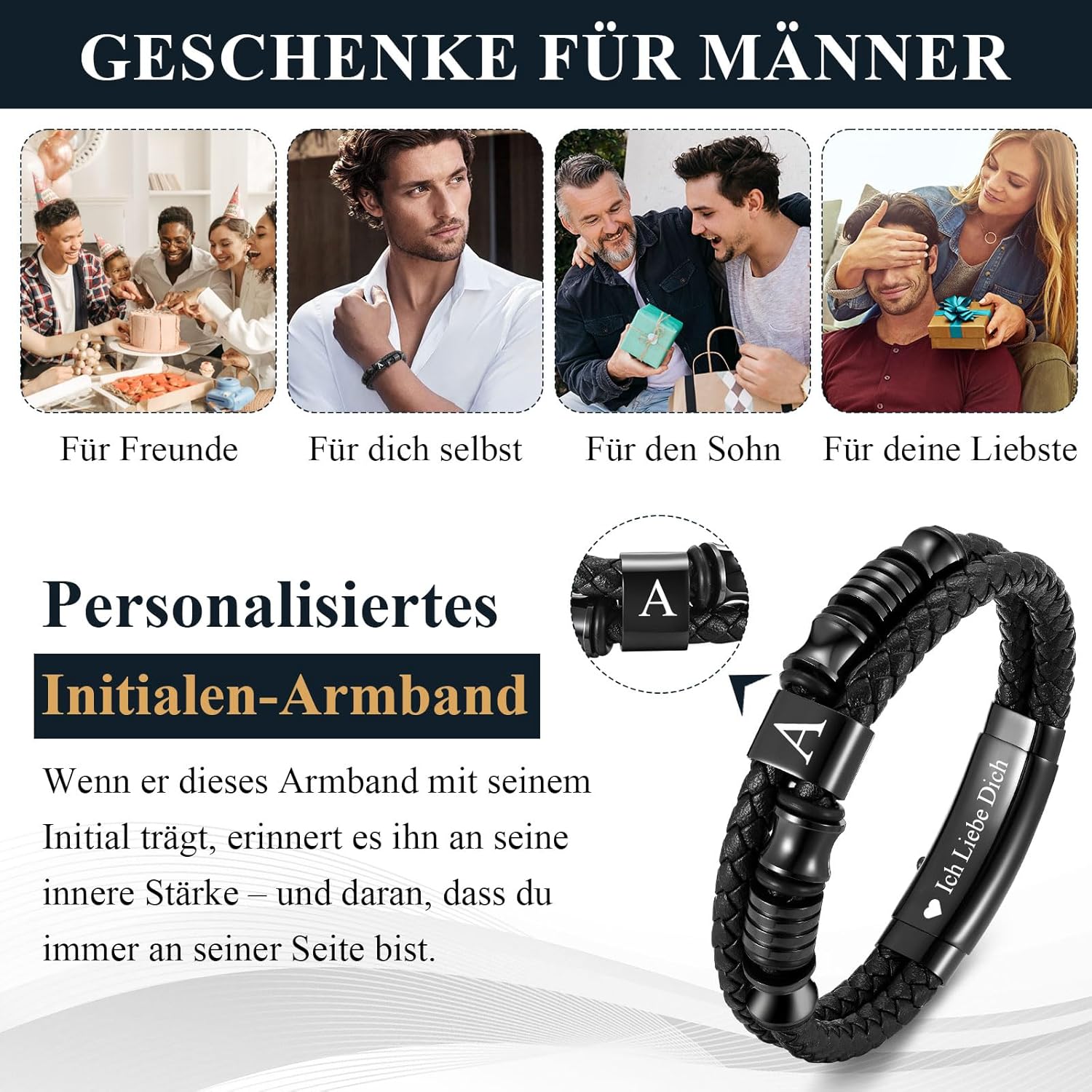 Thumbnail 4 de Herren Lederarmband mit Buchstaben (A–Z) und Gravur, schwarz – personalisiertes Armband aus Edelstahl & Leder