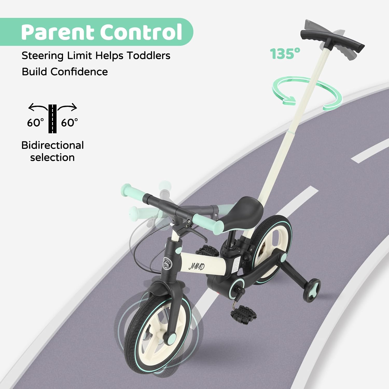 Detalle de JMMD 6-in-1 Toddler Bike (12 inch) with Training Wheels, Pedals, Kickstand & Adjustable Parent Handle