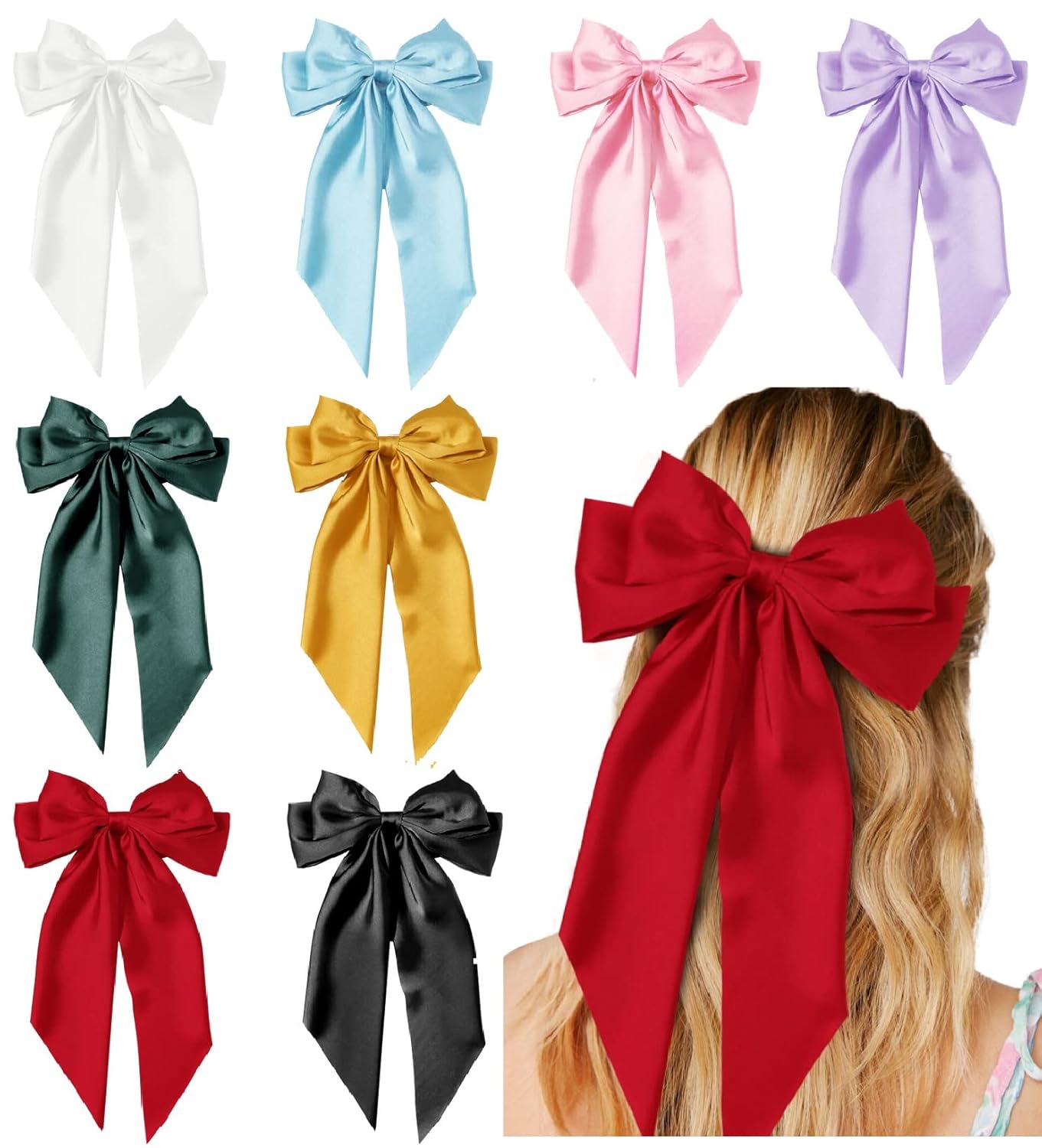 Hair Bows for Women & Girls (8-Piece) Satin Ribbon Bow Hair Clips with Long Tails