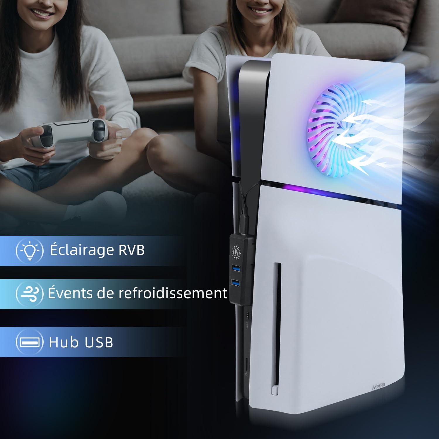 Thumbnail 1 de Kit accessoires LED RGB Mcbazel pour PS5 Slim (disque/numérique) : bande lumineuse, plaque de refroidissement et hub USB 2 ports, blanc