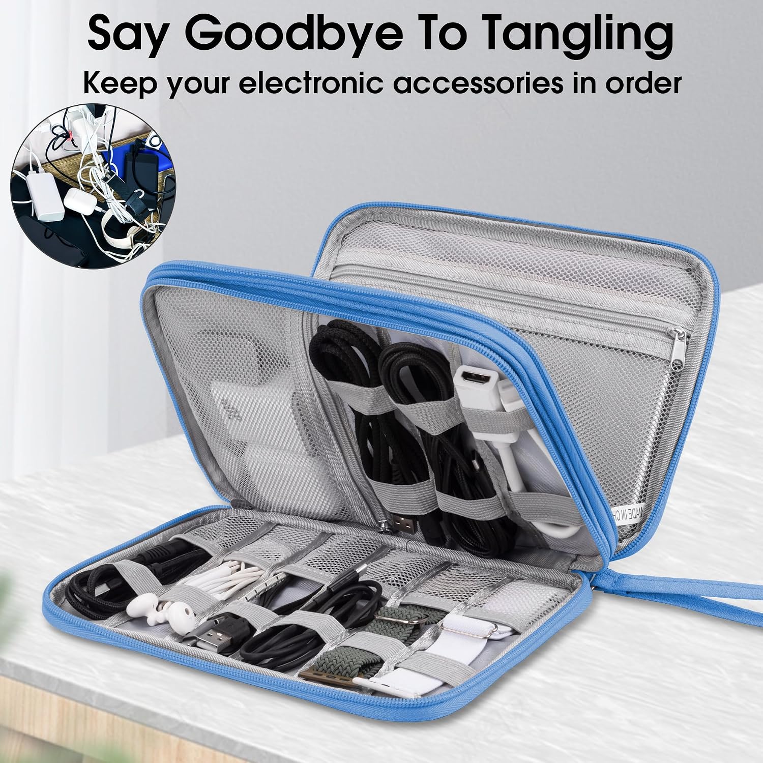 Detalle de Arae Electronic Accessories Organiser Travel Essentials Cable Bag (Sky Blue) – Large, Double-Layer Storage