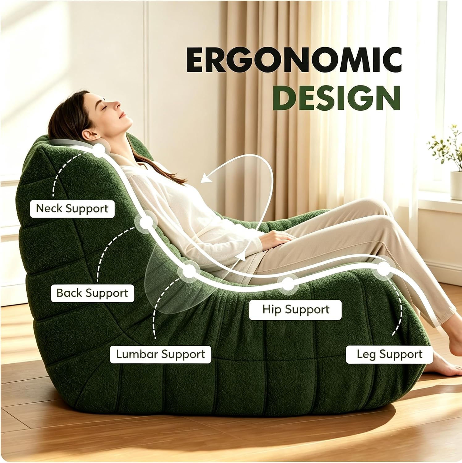 Detalle 2 de Bean Bag Chair Green memory foam support