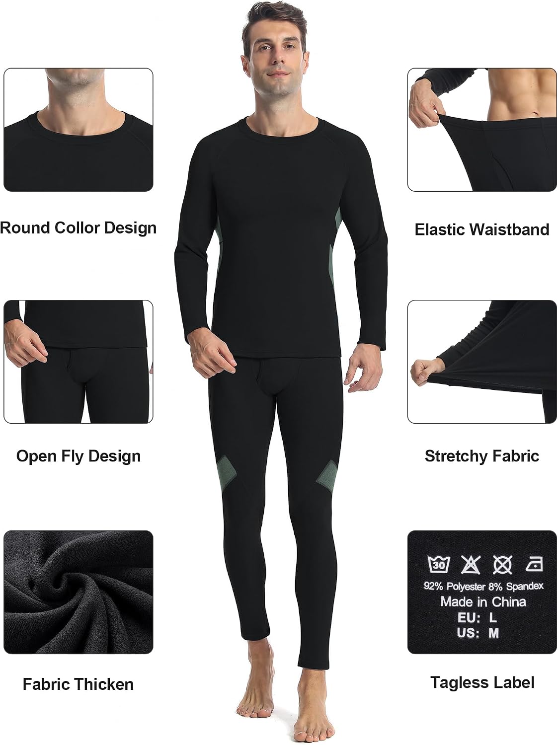 Detalle de Runhit thermal underwear for men base layer set, fleece-lined stretch