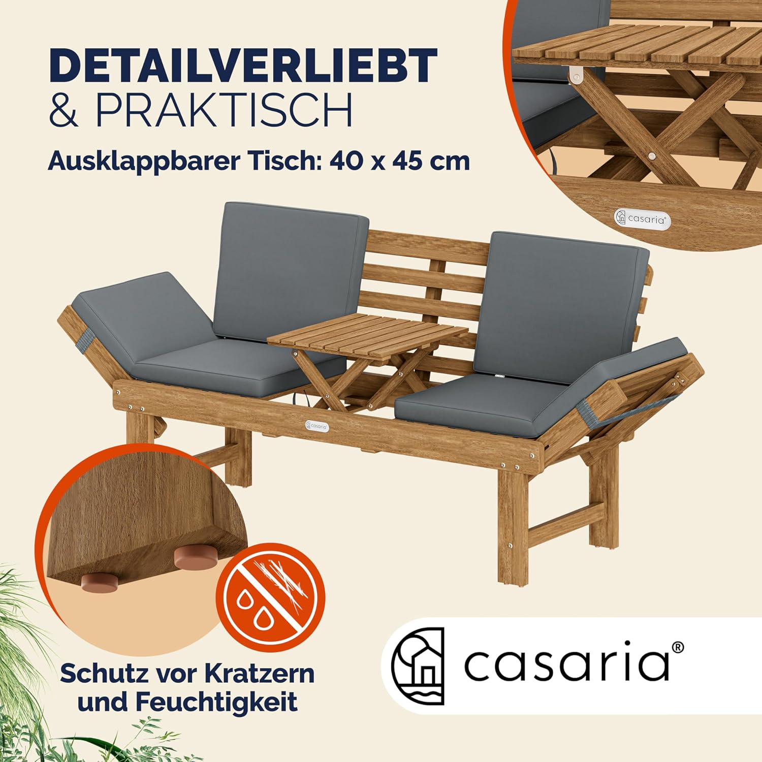 Thumbnail 5 de Casaria Gartenbank Wetterfest Holz mit Tisch 200x50 cm – 3-Sitzer, FSC Akazie, klappbar