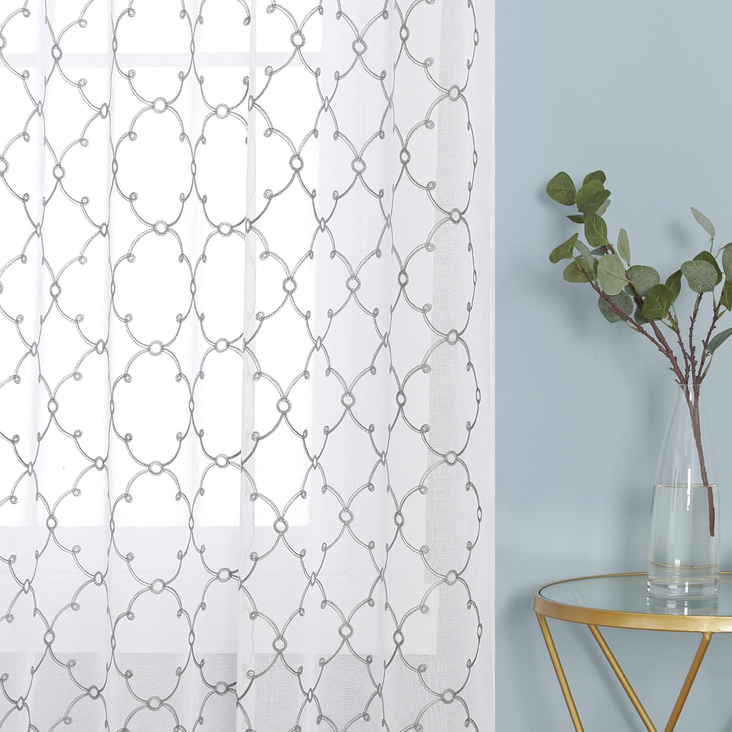 Thumbnail 3 de Deconovo Eyelet Faux Linen Net Curtains Embroidery Diamond Voile Curtains 55 x 54 Drop Grey – 1 Pair