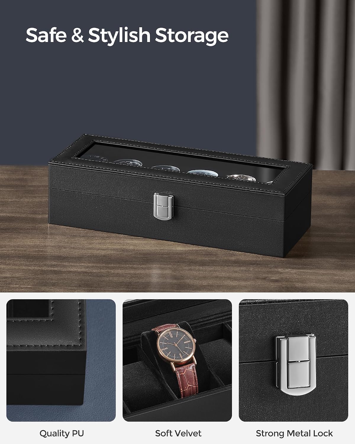 Thumbnail 2 de SONGMICS JWB06B01 6-Slot Watch Box with Glass Lid and Removable Pillows