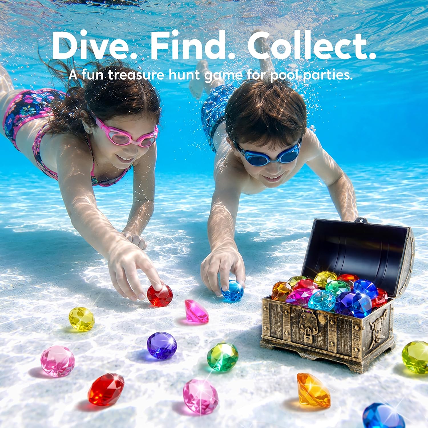 Thumbnail 4 de Sloosh Diving Gems Pool Toys: 16 Big Colorful Diamond Gems with Pirate Treasure Chest (Acrylic Dive & Swim Game)