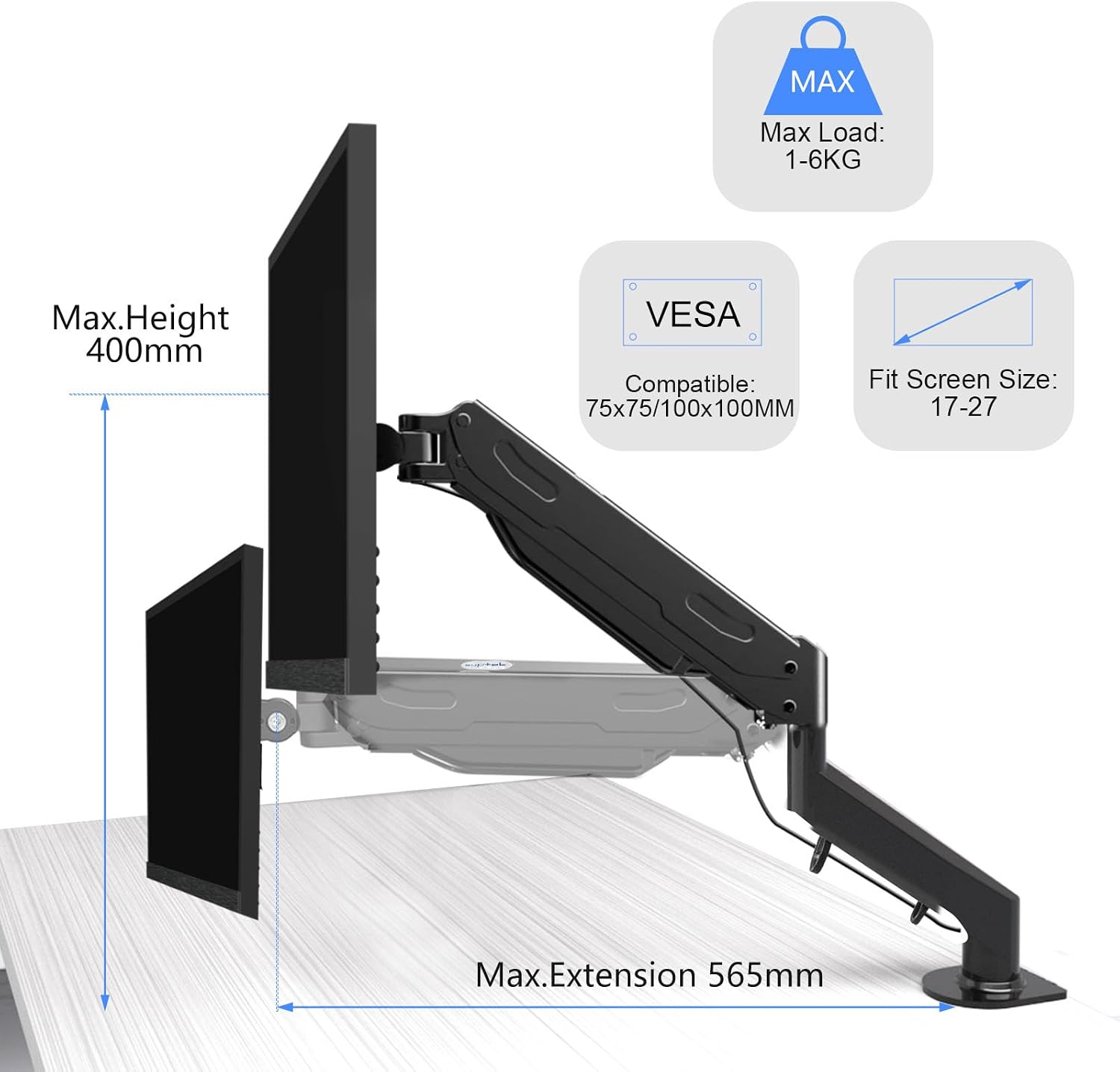 Detalle de Pholiten UK monitorarm met gasveer voor 13-27 inch, 360° draaibaar