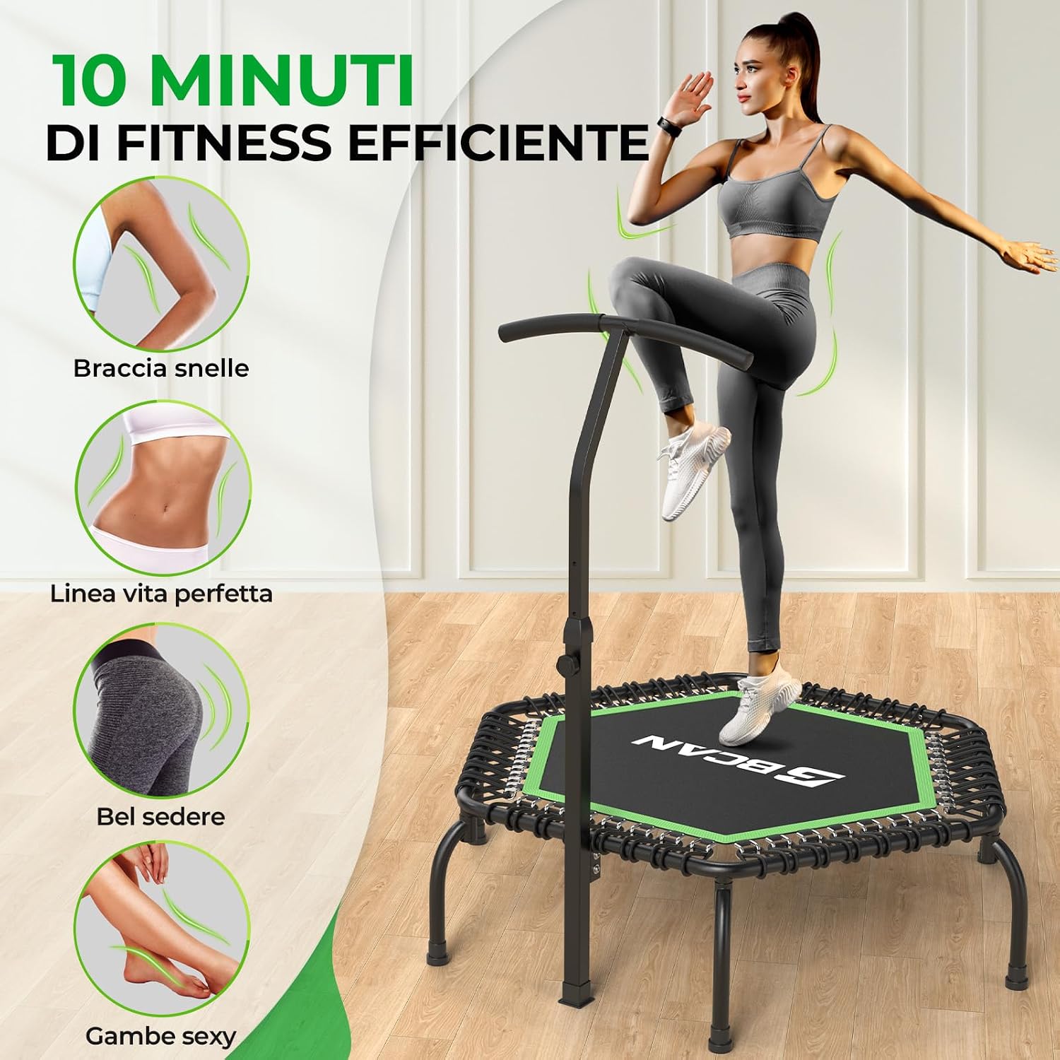 Thumbnail 6 de Trampolino da interno BCAN Fitness – Ø 122 cm (disponibile Ø 102/130 cm) con maniglie regolabili, silenzioso e a basse vibrazioni