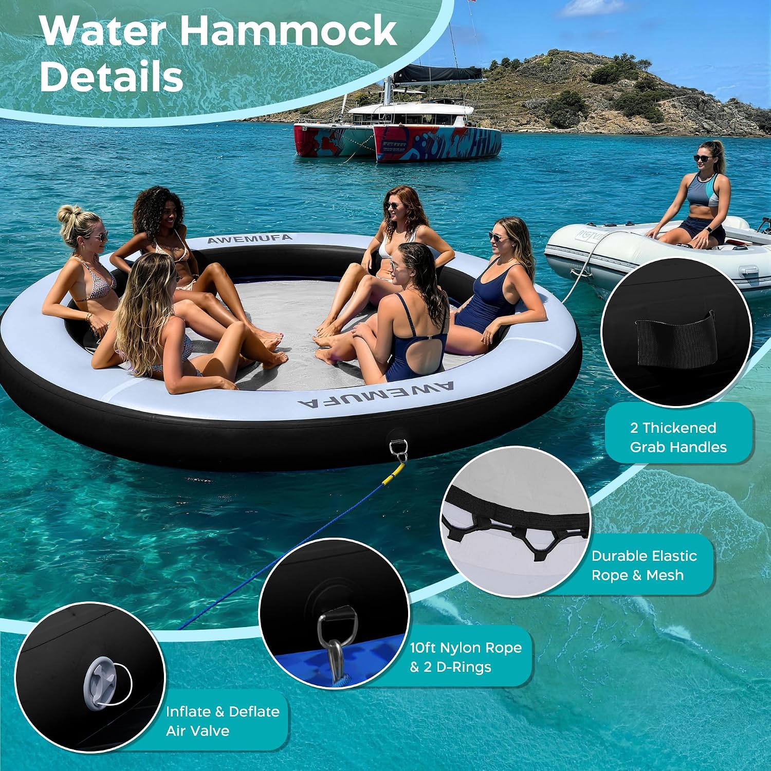 Thumbnail 6 de AWEMUFA Water Hammock Floating Island — 6/8/10/12 ft Heavy-Duty Round Ring with Mesh, Ideal for Lakes and Pools