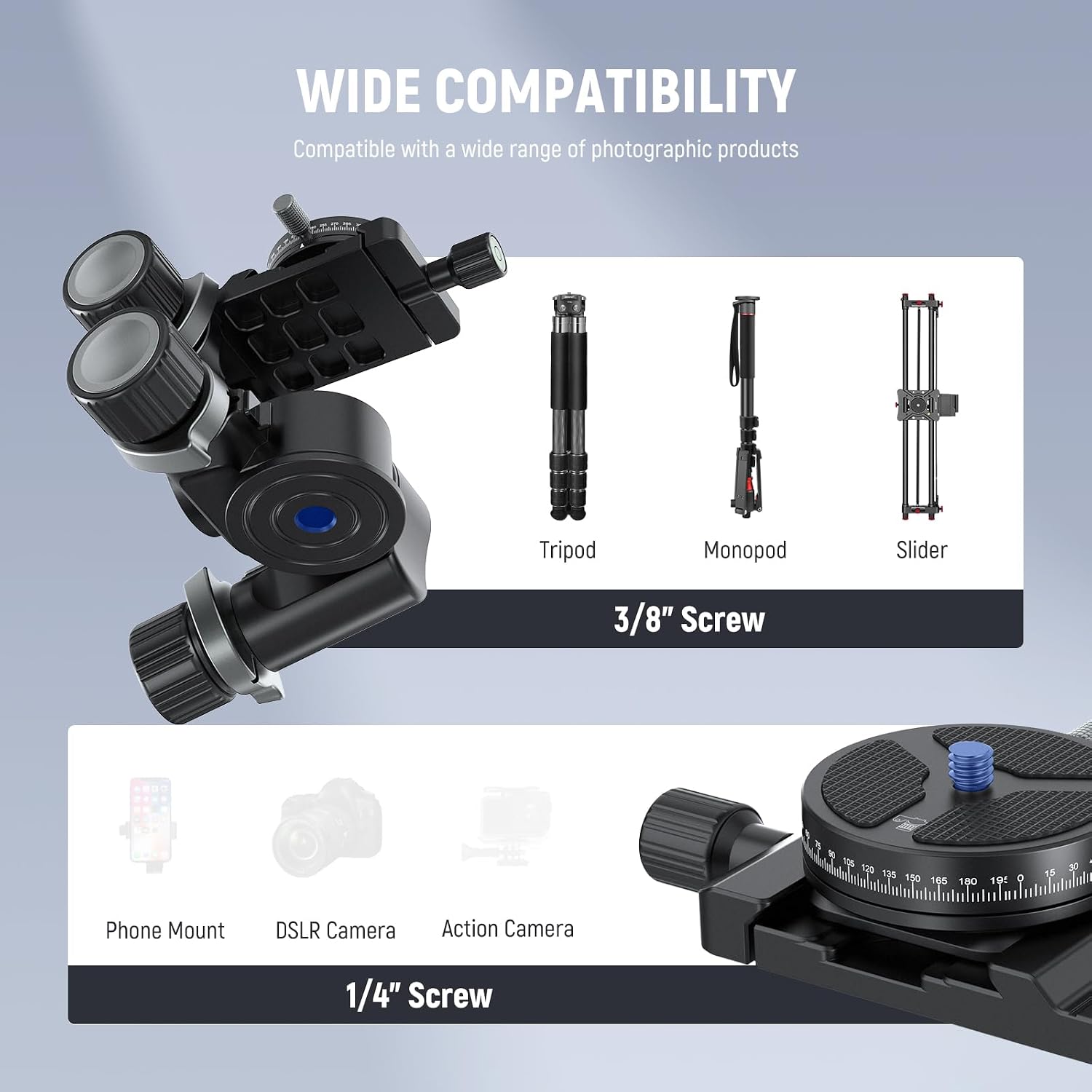 Thumbnail 6 de NEEWER TH15 3-Way Geared Tripod Head with Gears – 3-Axis Pan Tilt in Aluminium