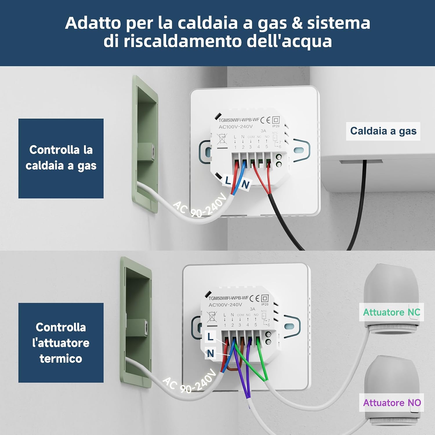 Detalle de Termostato ambiente WiFi TGM-50WPB con programmazione settimanale e controllo smart Tuya (compatibile Alexa e 2,4 GHz)