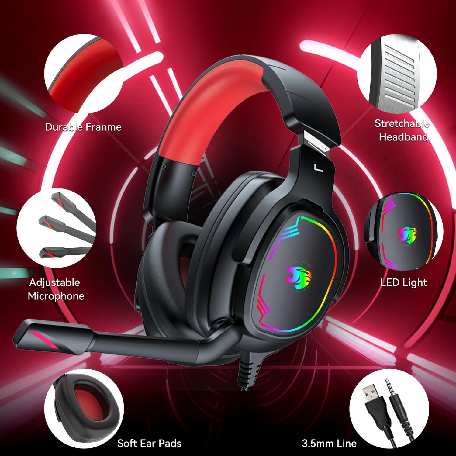 Detalle 2 de Jimonyer A82 Gaming Headset, 7.1 Surround Sound, 50mm Drivers, Red RGB