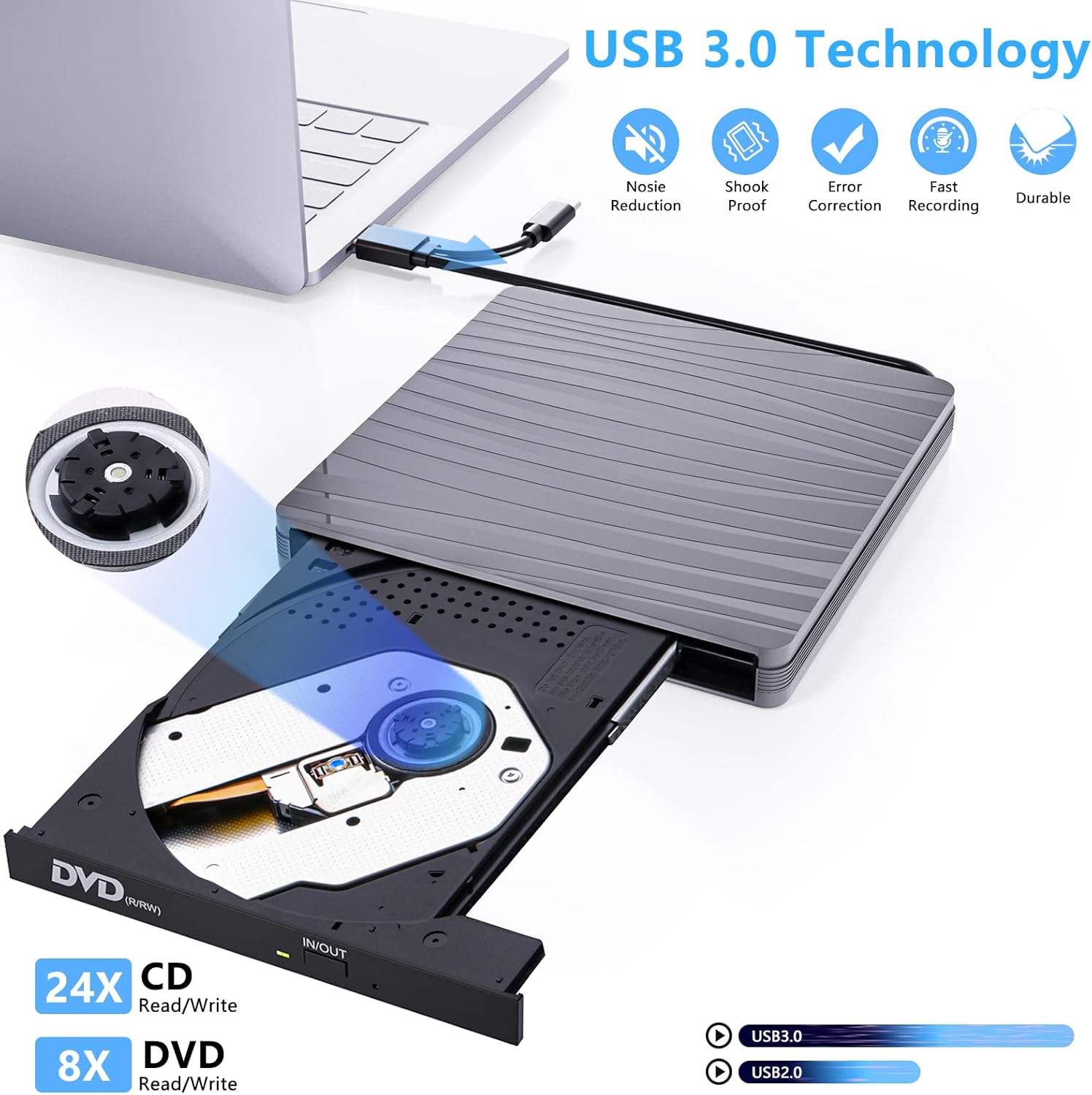 Thumbnail 3 de QDSYLQ Externes CD/DVD-Laufwerk USB 3.0 Type-C (tragbar) zum Brennen und Rippen