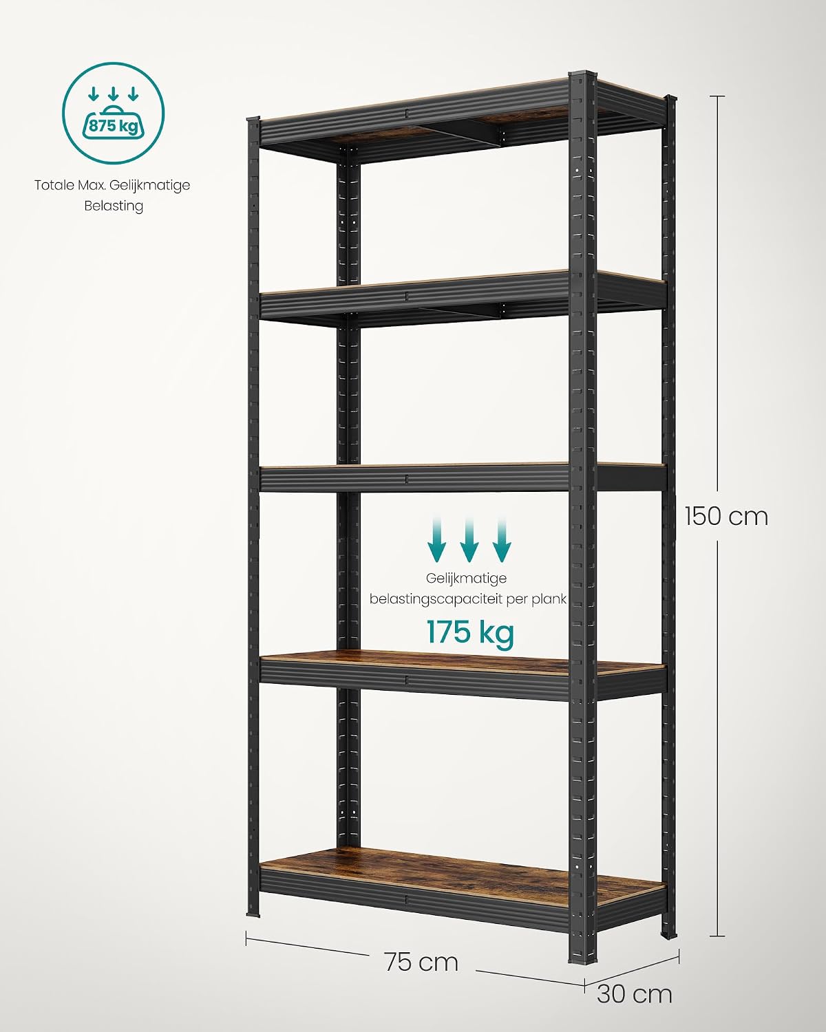 Detalle de SONGMICS COZORY GLR030B01 opbergrek, 5 verstelbare legplanken, 650 kg