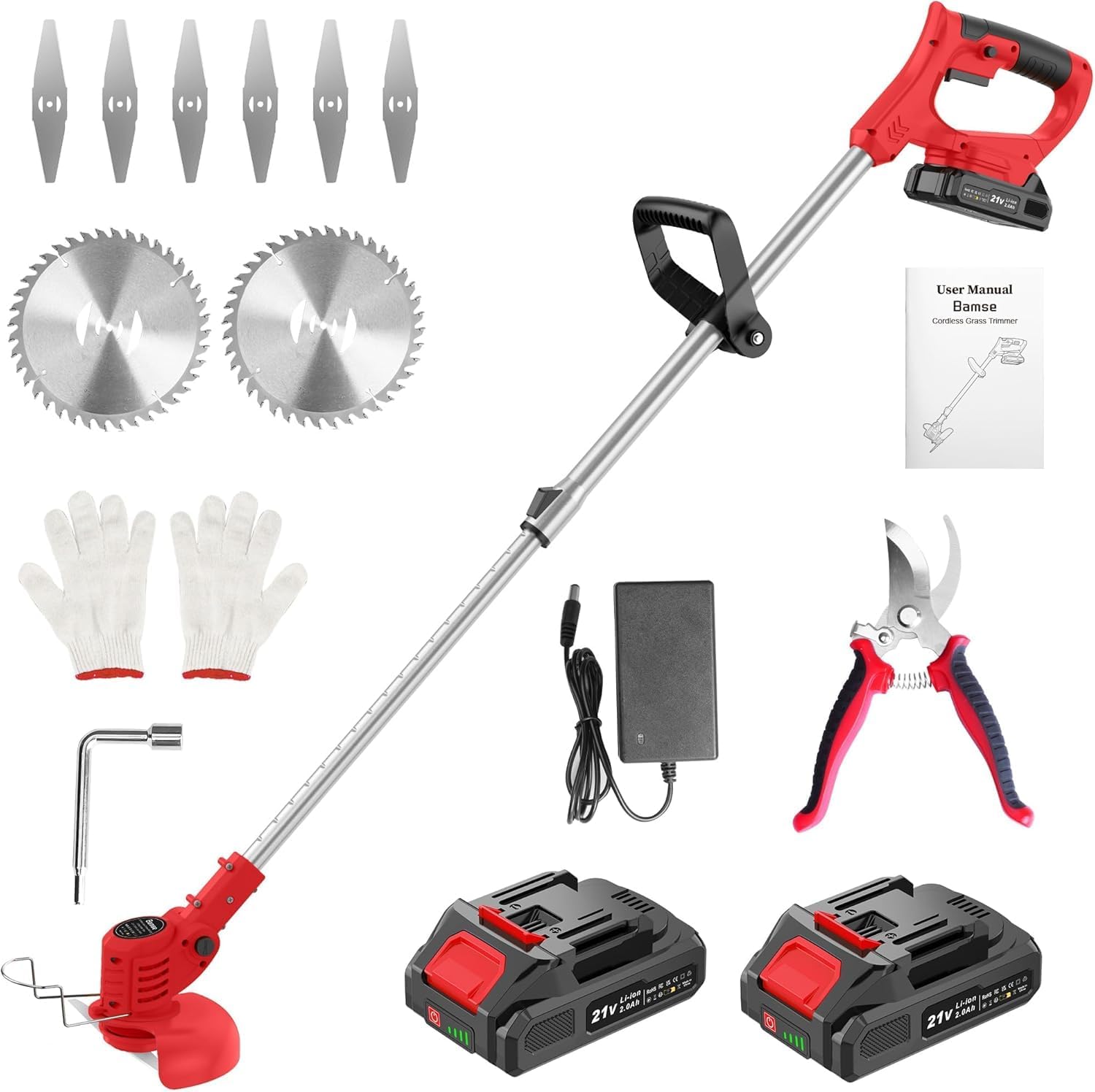 Detalle de Decespugliatore a Batteria 21V Bamse con 2 Batterie 2,0Ah – Tagliabordi Multifunzionale per Giardino