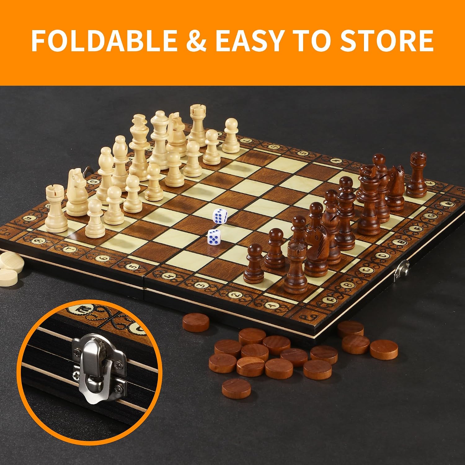 Detalle de Jeu d’échecs 3 en 1 magnétique en bois pliable (29 x 29 cm) pour enfants, adultes et voyages