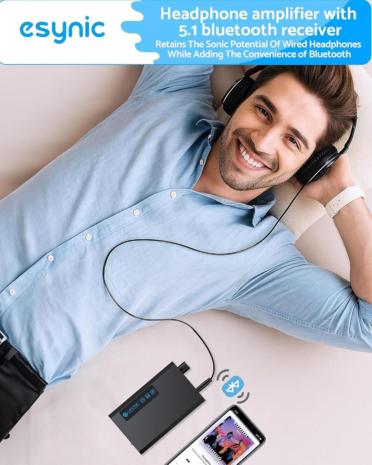 Thumbnail 3 de eSynic HiFi-hoofdtelefoonversterker met Bluetooth 5.1, 2 gainniveaus en 1500mAh