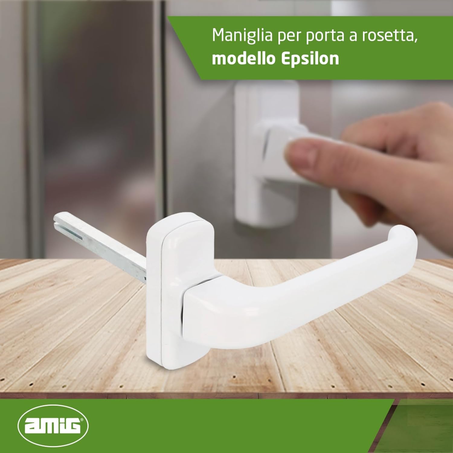 Detalle 2 de AMIG Epsilon: Maniglia per porta con rosetta in alluminio, bianco, 132 x 70 mm, rosetta 8 mm (Dx/Sx reversibile)