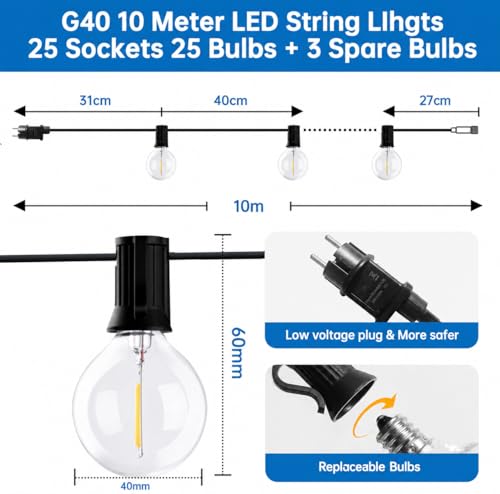 Detalle de SON4SUN Guirlande lumineuse extérieure 10 m | 28 LED G40, IP44, connectable