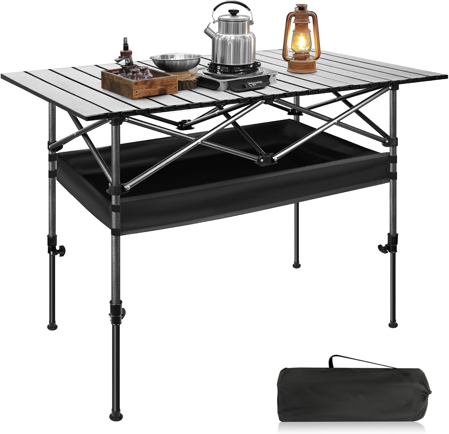 Detalle de YHANEC 044592 Folding Camping Table with Adjustable Height and Aluminum Top