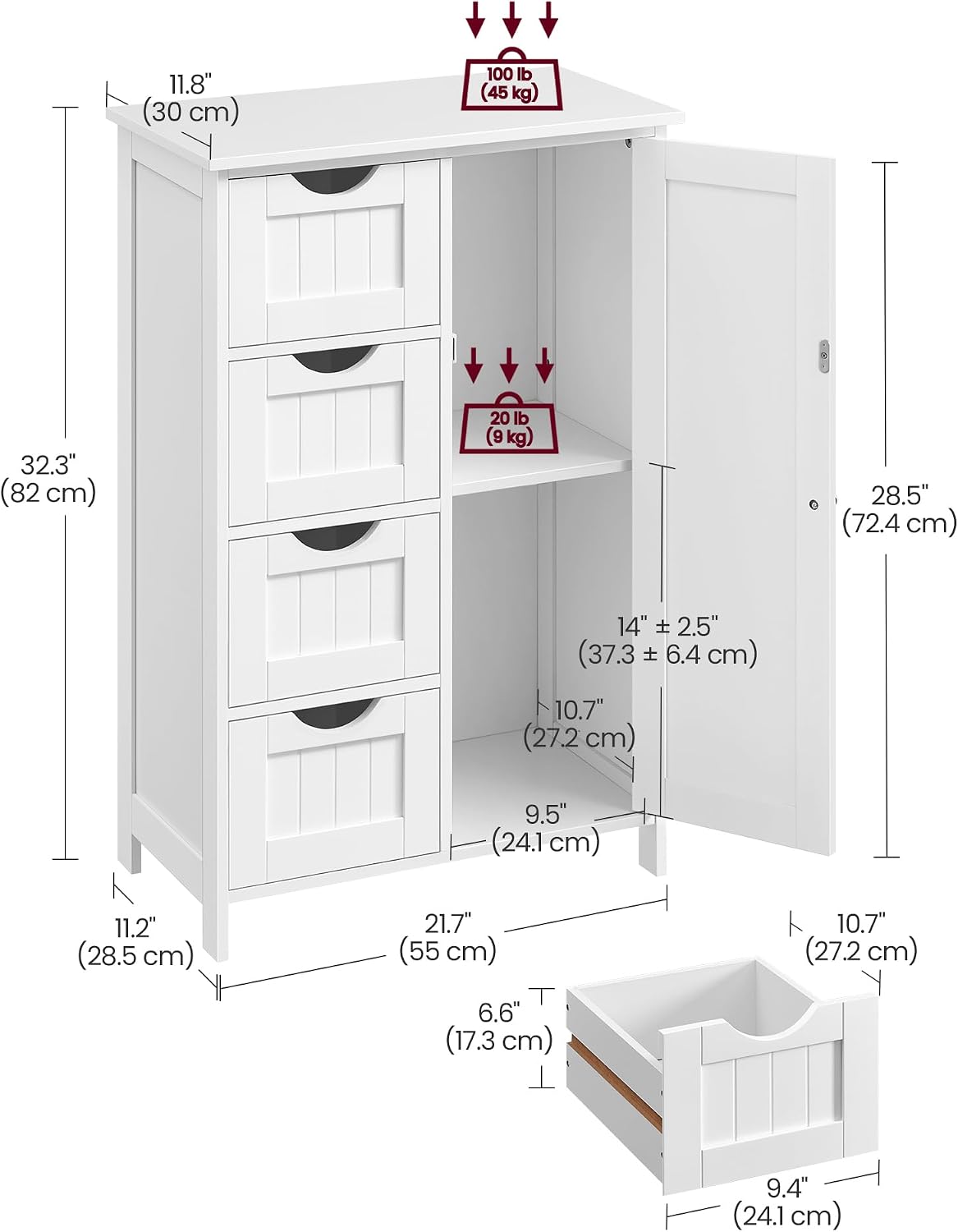 Detalle de Vasagle LHC41W Bathroom Floor Storage Cabinet with 4 Drawers, Single Door & Adjustable Shelf (White)
