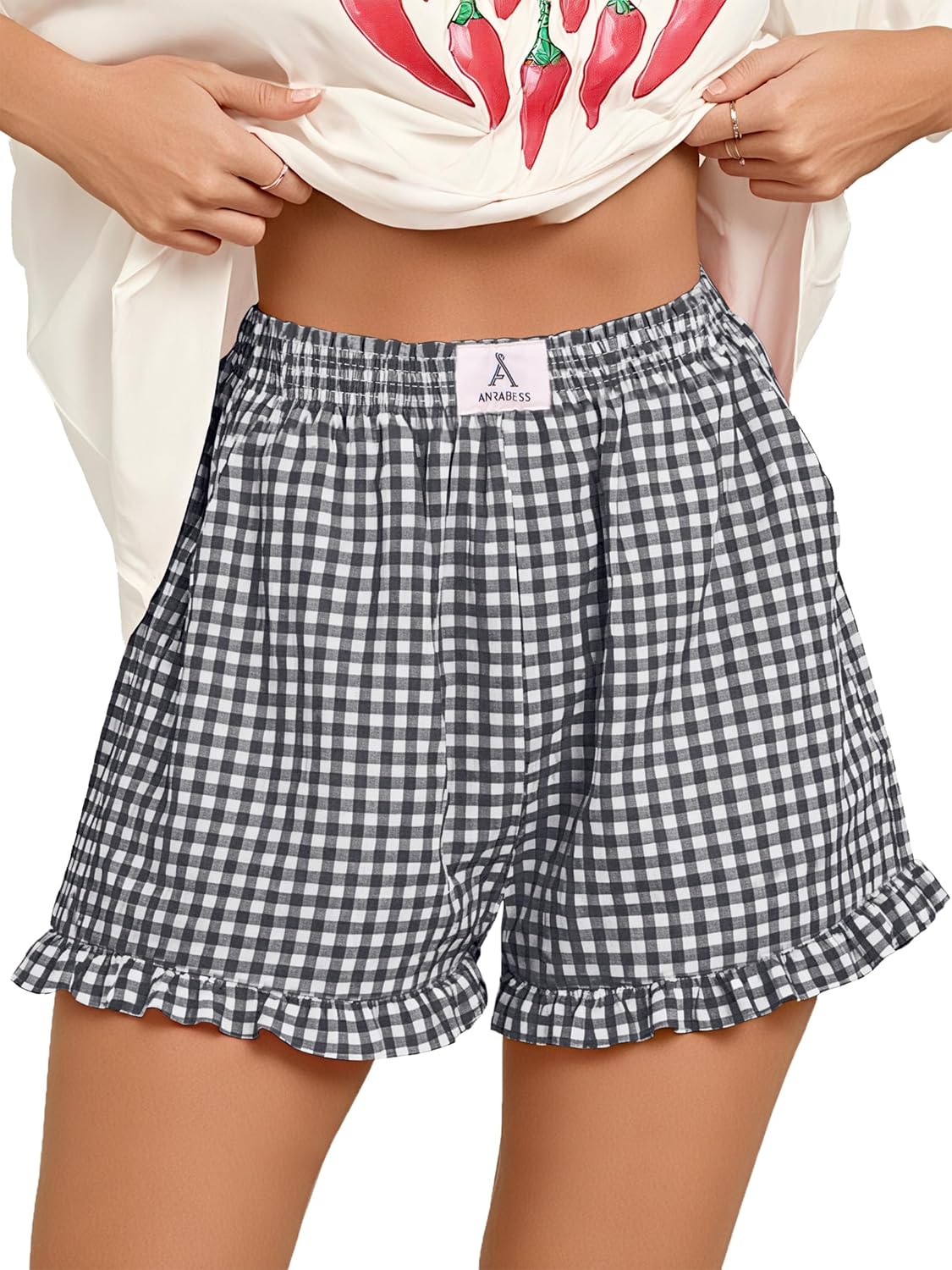 Thumbnail 6 de ANRABESS Women's Gingham Plaid Boxer Shorts with Elastic Waist and Ruffle
