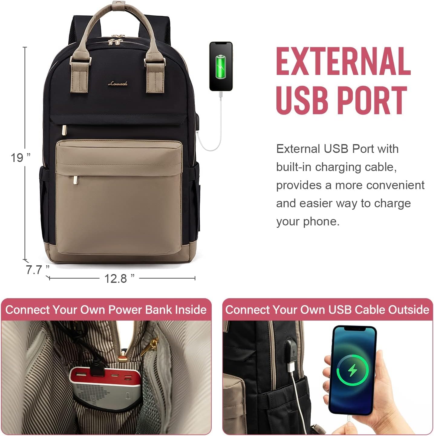 Detalle de LOVEVOOK Laptop Backpack Womens 17 Inch – Waterproof Travel Rucksack with USB Port, Khaki/Black
