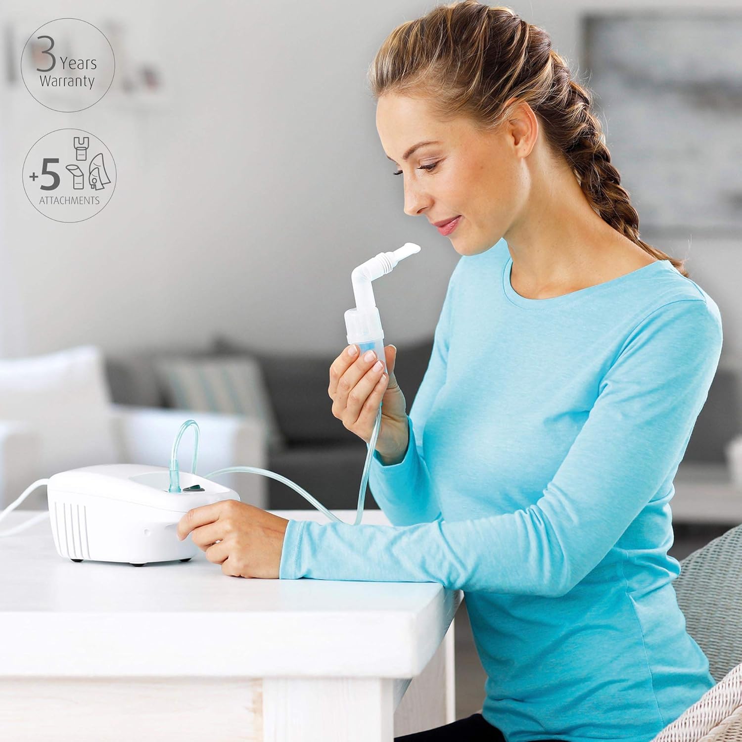 Detalle de Medisana IN 500 Inhalator: Kompressor-Nebulizer mit Mundstück und Maske – inklusive Zubehör für Erwachsene und Kinder