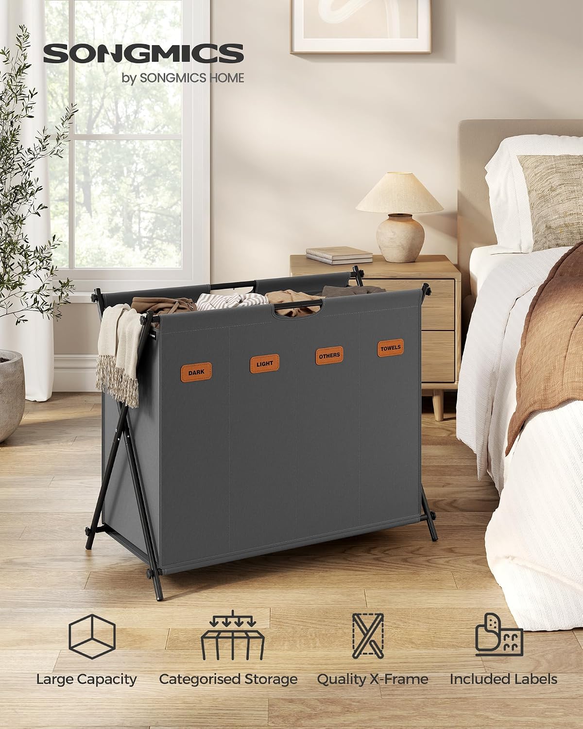 Detalle de SONGMICS STEVIE LCB140G01 155 L Laundry Sorter, 4 Sections, Foldable X-Frame