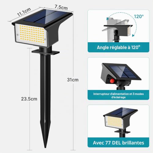 Detalle 2 de Kolpop Lot de 6 Spots Solaires Extérieurs – Lampe Solaire Jardin 77 LED, IP65, 3 Modes d’Éclairage