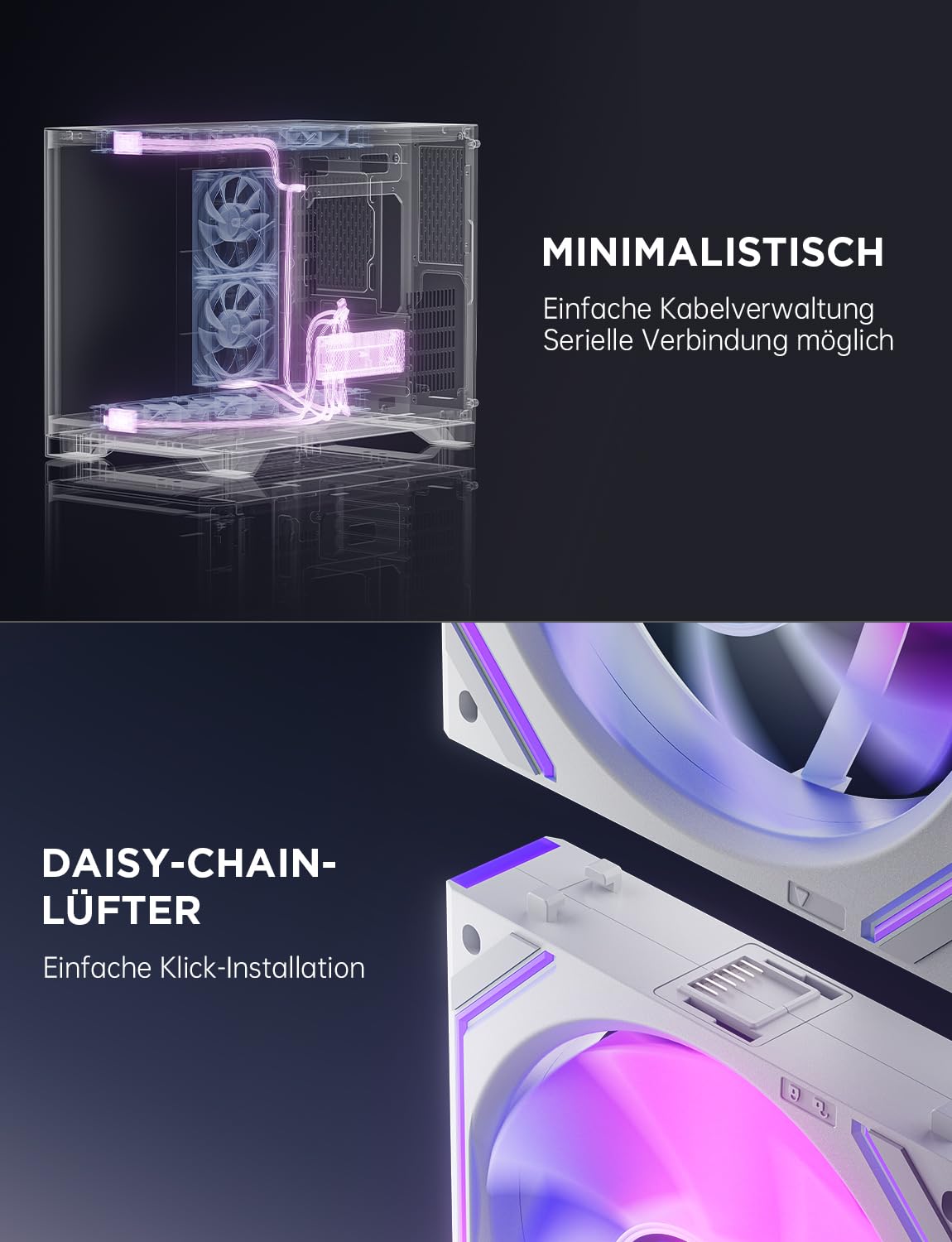 Thumbnail 5 de AsiaHorse DAWN Pro RGB PC-Lüfter 120 mm (3er-Set) – ARGB Daisy Chain, 71 CFM, HDB, Infinity Mirror, weiß