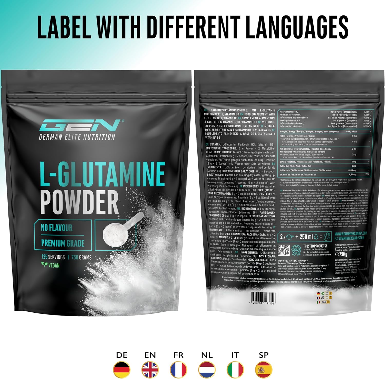 Detalle 2 de L-Glutamin Pulver 750 g (Premium Qualität) – rein, vegan & unaromatisiert