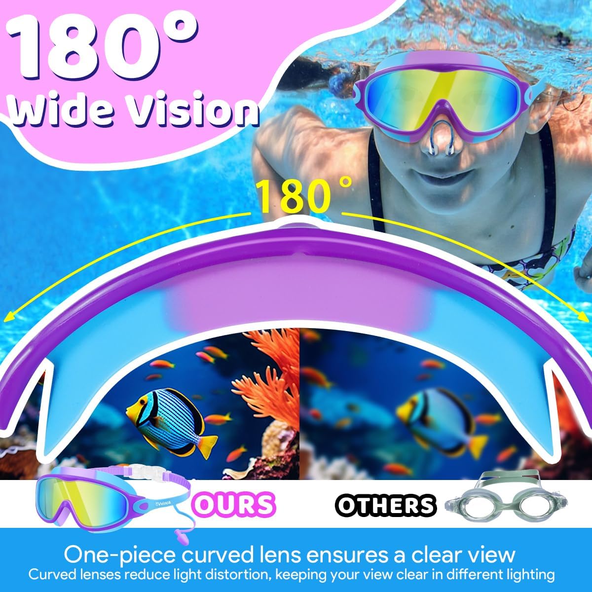 Thumbnail 3 de Vvinca Kids Swimming Goggles (2 Pack) with Earplugs, Nose Clip, Anti-Fog & UV Protection for Ages 3–15