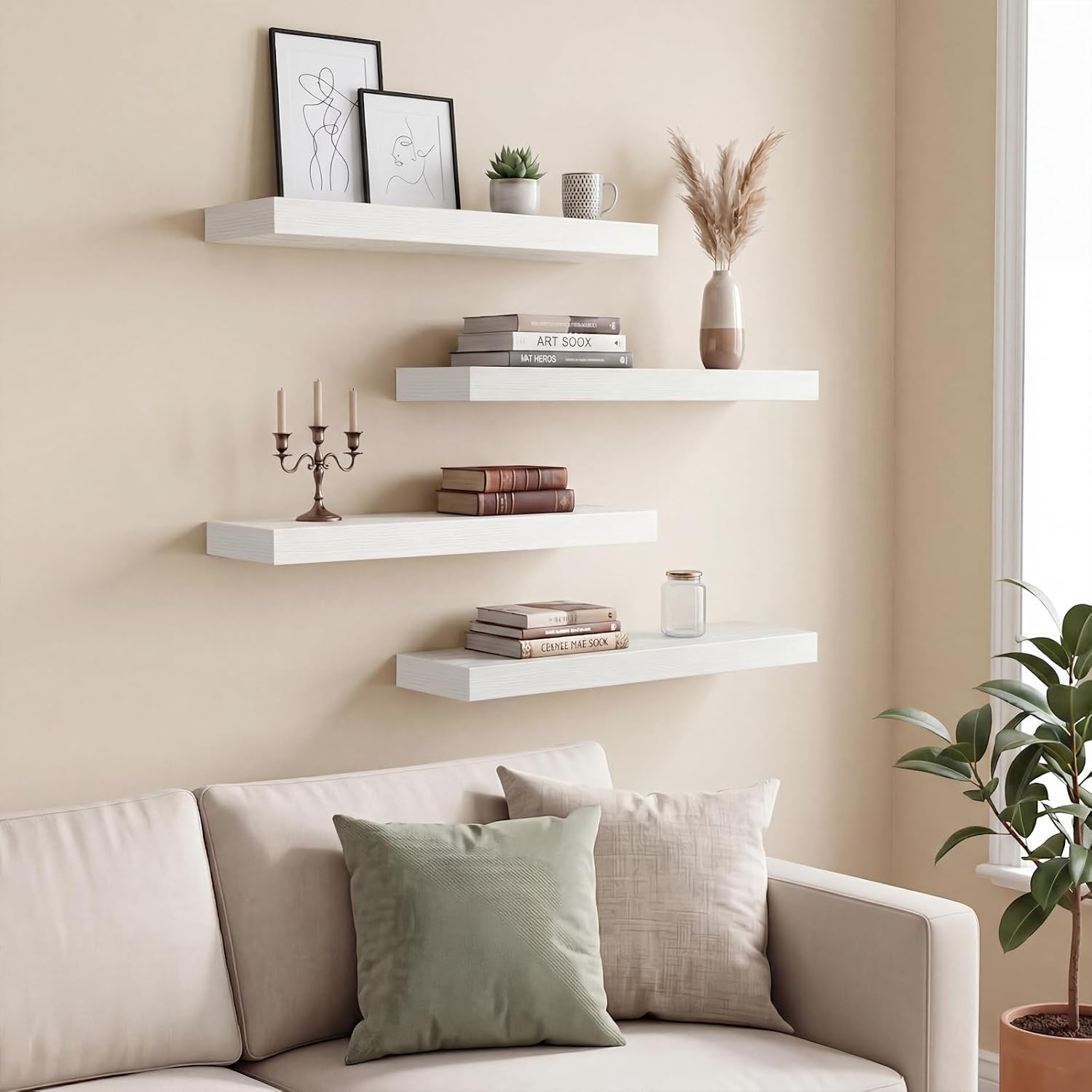 Detalle 2 de Fixwal White Floating Wall Shelves (Set of 4) with Invisible Brackets, 15.8in Rustic Wood Finish