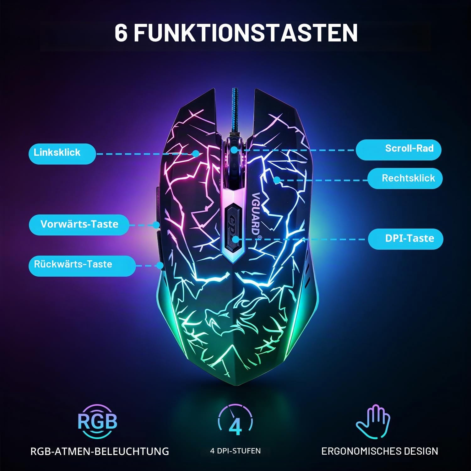 Detalle de VGUARD Gaming Maus (kabelgebunden) mit 6 Tasten und 4 DPI-Stufen, optisch – schwarz
