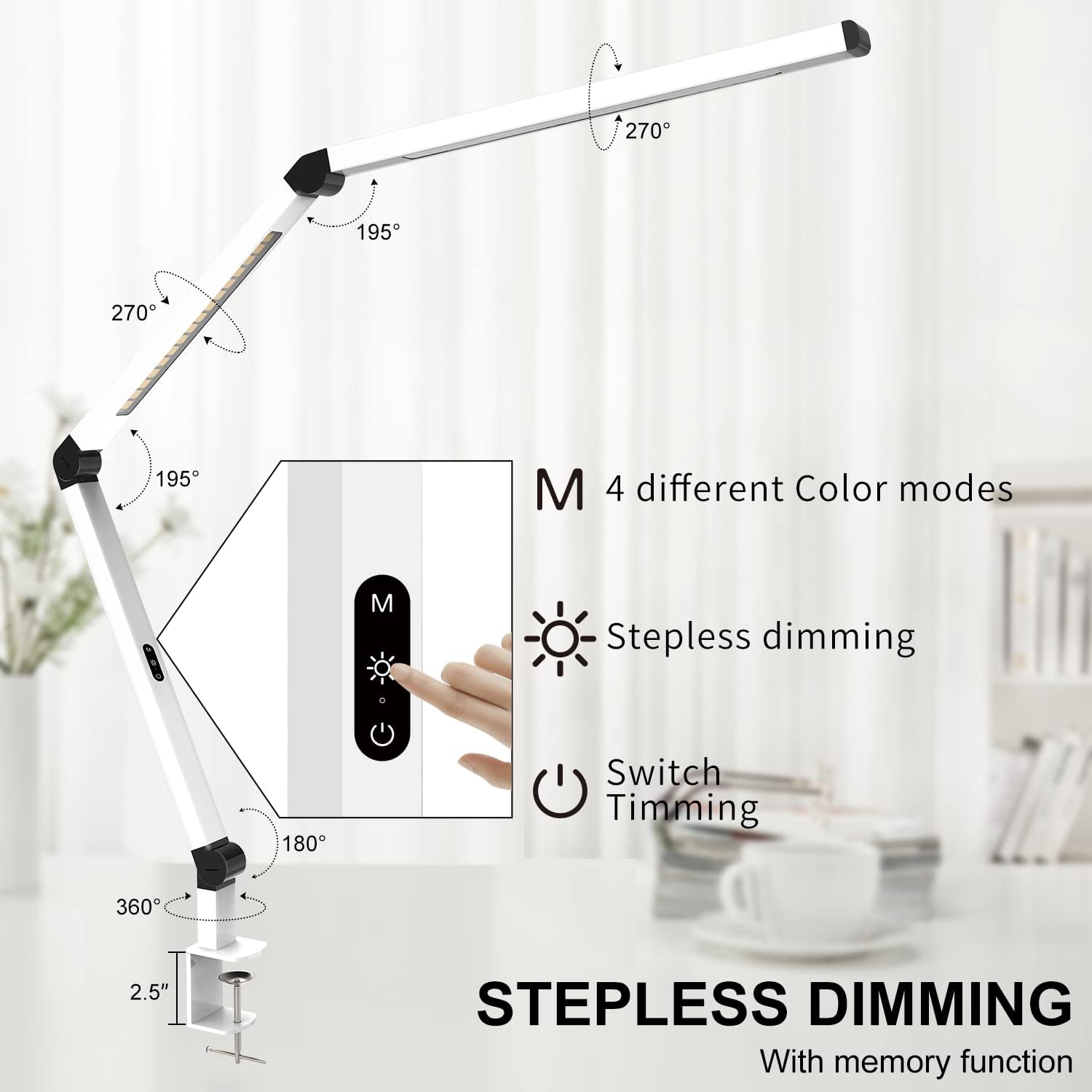 Detalle de Micomlan DDL-003-12W LED Clamp Desk Lamp, Dual Light, 4 CCT Modes