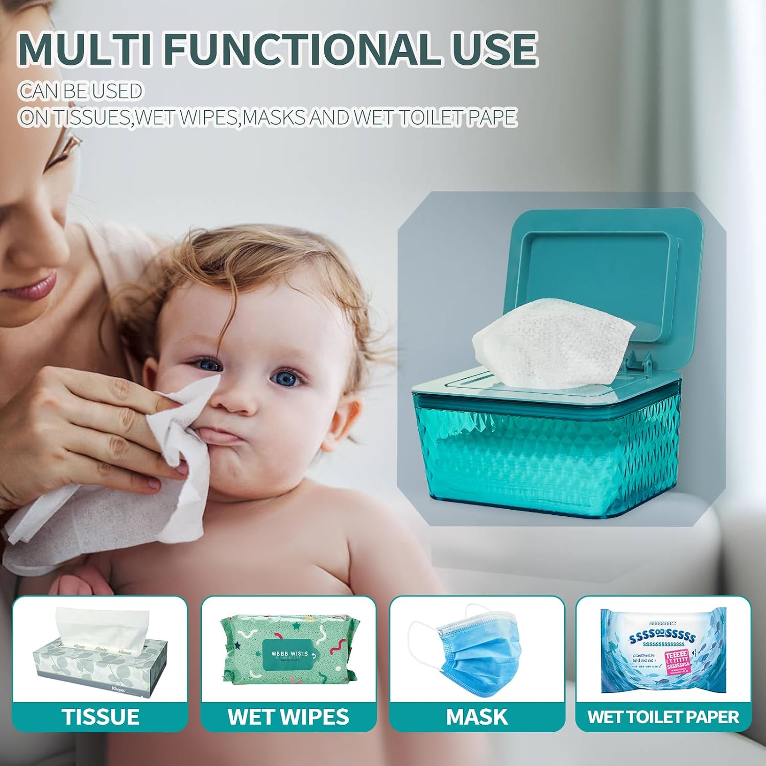 Detalle de Whiidoom Wipes Dispenser, Green Clear Plastic Holder with One-Handed Lid