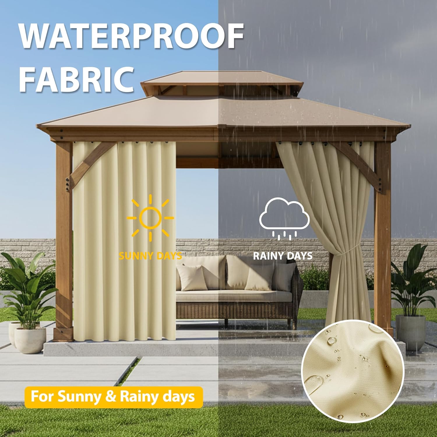 Detalle de BONZER Waterproof Outdoor Curtain 54x84 in, Cream – Premium Privacy Curtain for Patio & Garden